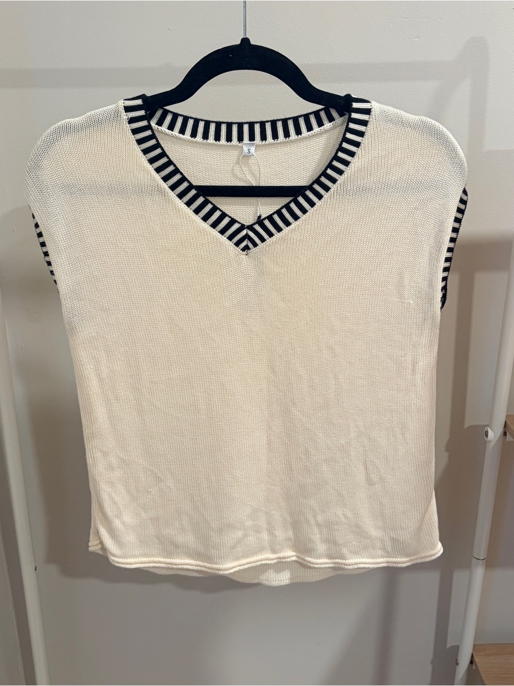 Amazon Cream V-Neck Knit Tank with Black Striped Trim